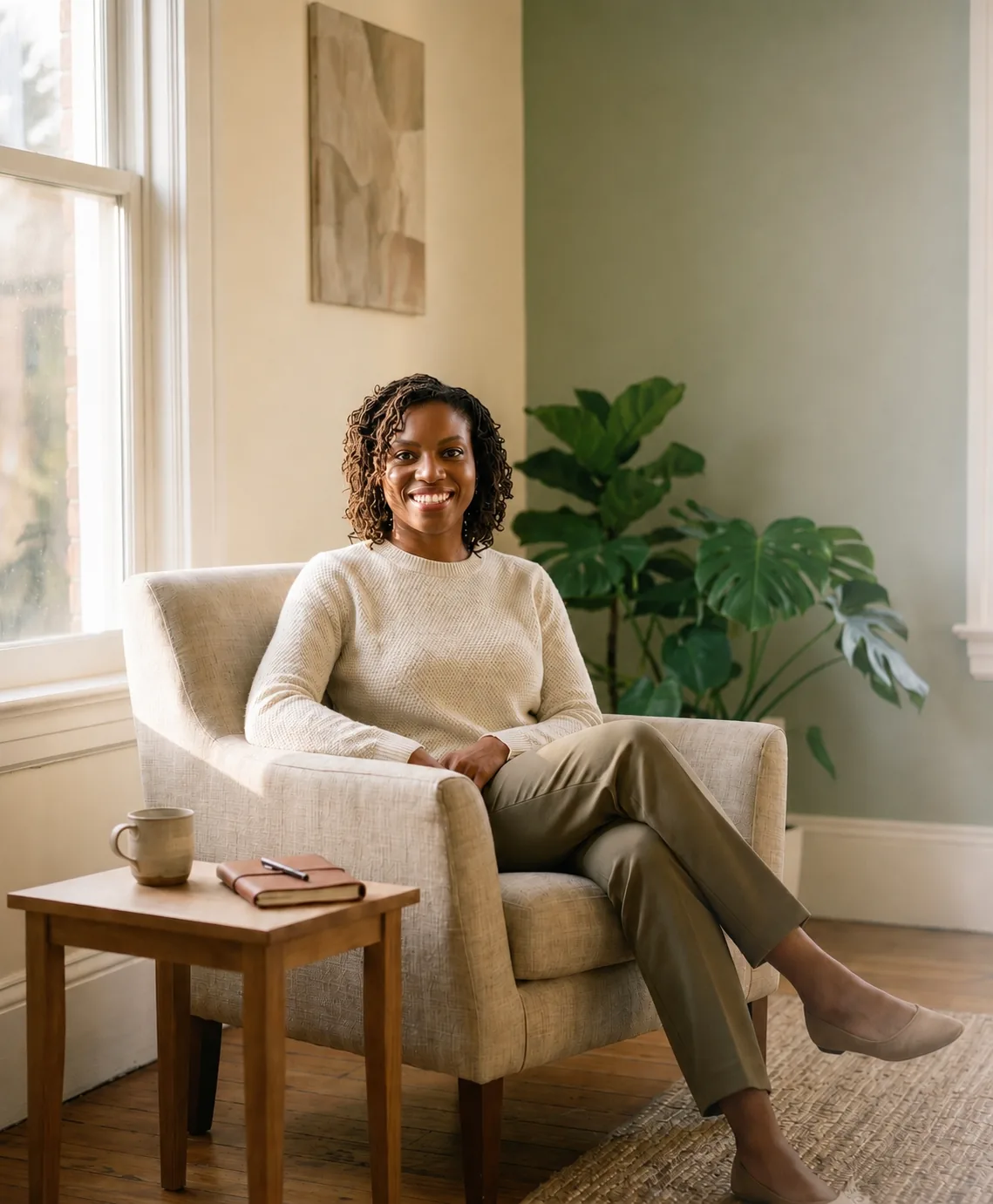 A woman seated peacefully in a sunlit therapy room at WorthyMind Practice in Tarrytown, NY — holistic mental health care for Westchester County