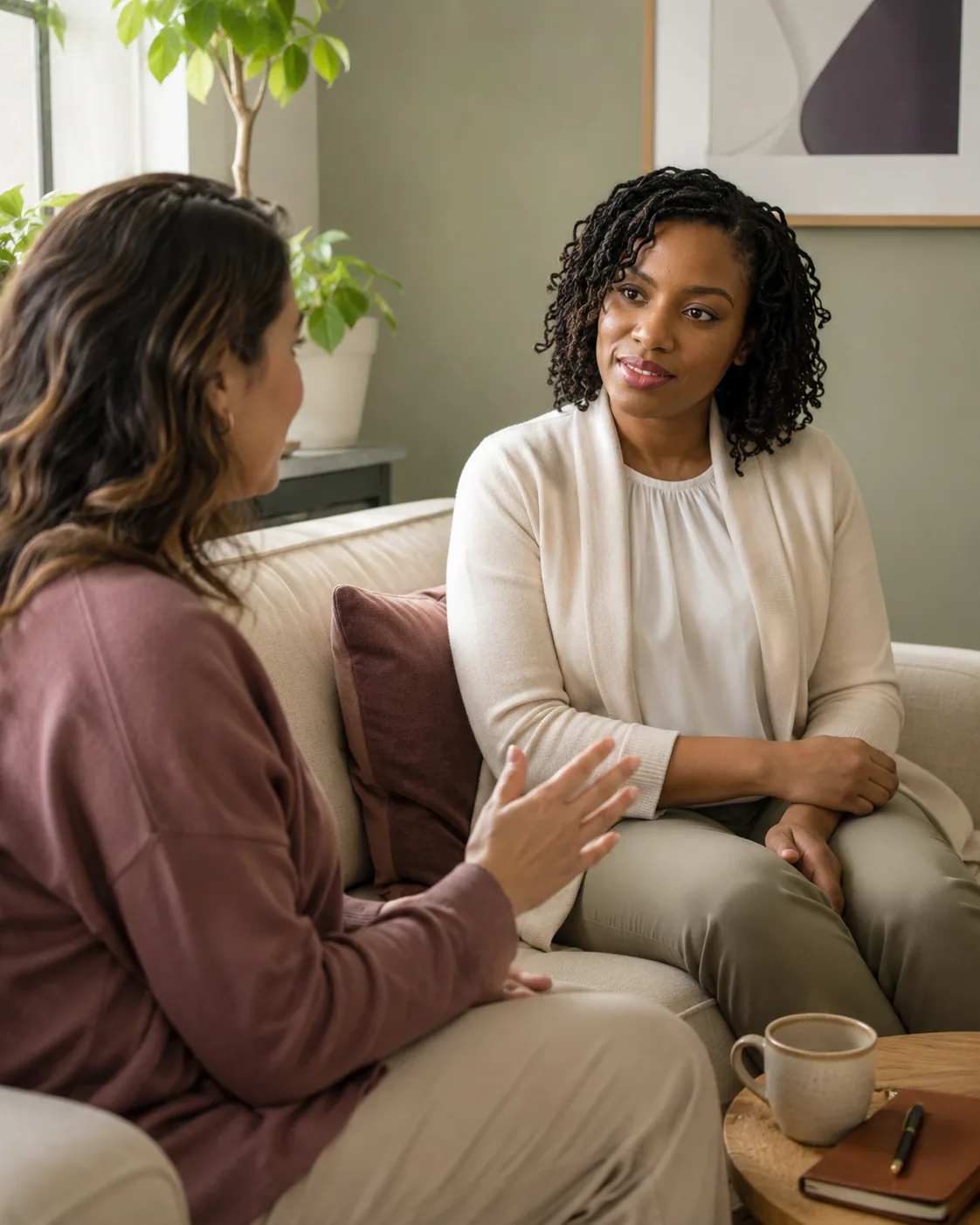 Dr. Chineze Worthington listening attentively to a patient during an in-person therapy session at WorthyMind Practice in Tarrytown, NY